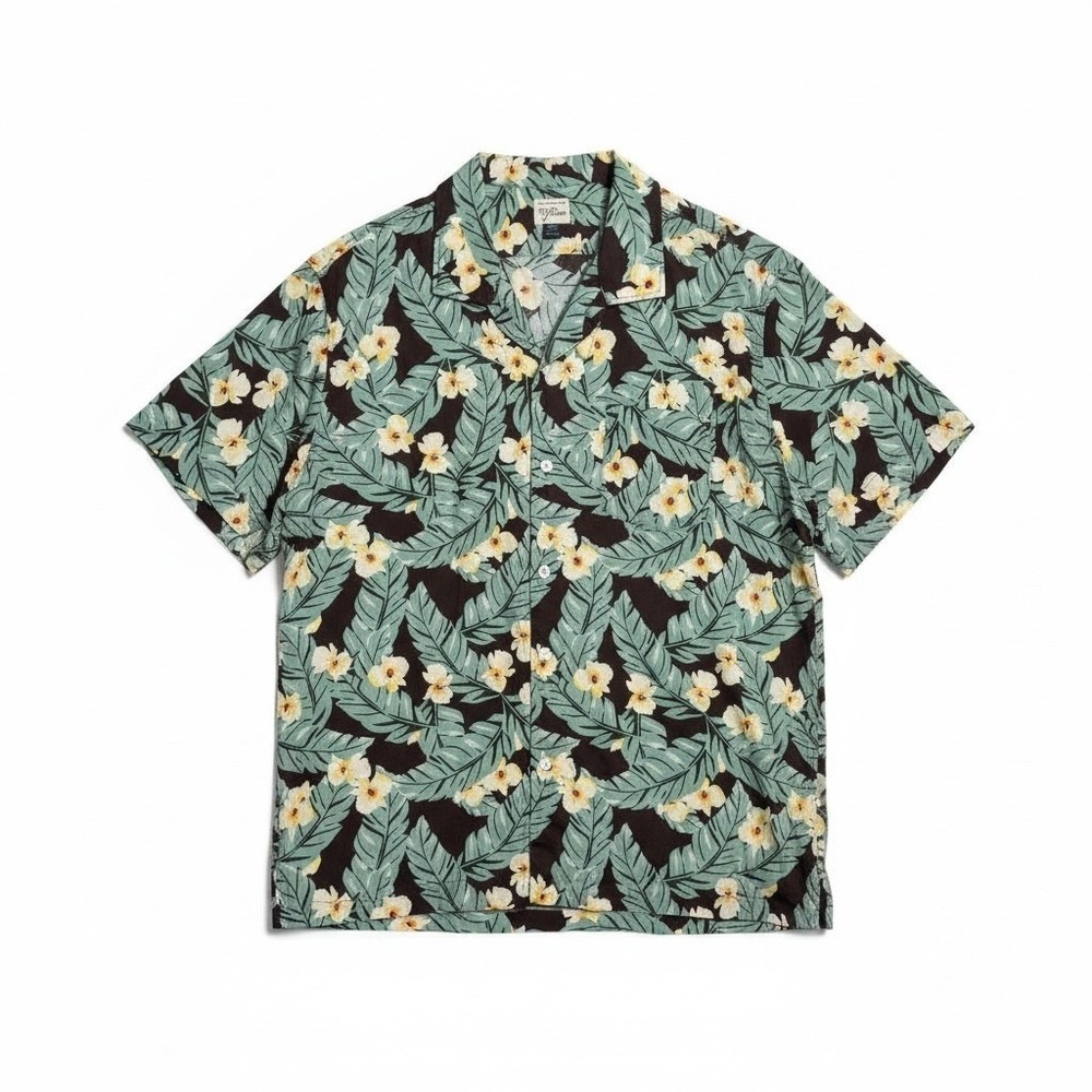 J.Crew Mens XXL Tropical Floral Palm Camp Collar Short Sleeve Cotton Shirt Brown